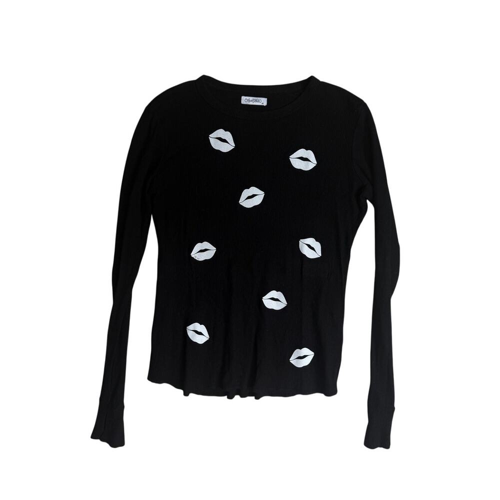 Lauren Moshi McKinley All Over Lips Top Long Sleeve Black Graphic M